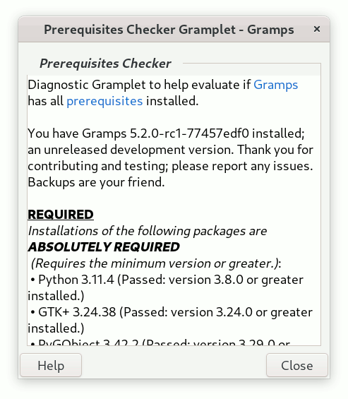 Prerequisites Checker Gramplet undocked from the Dashboard